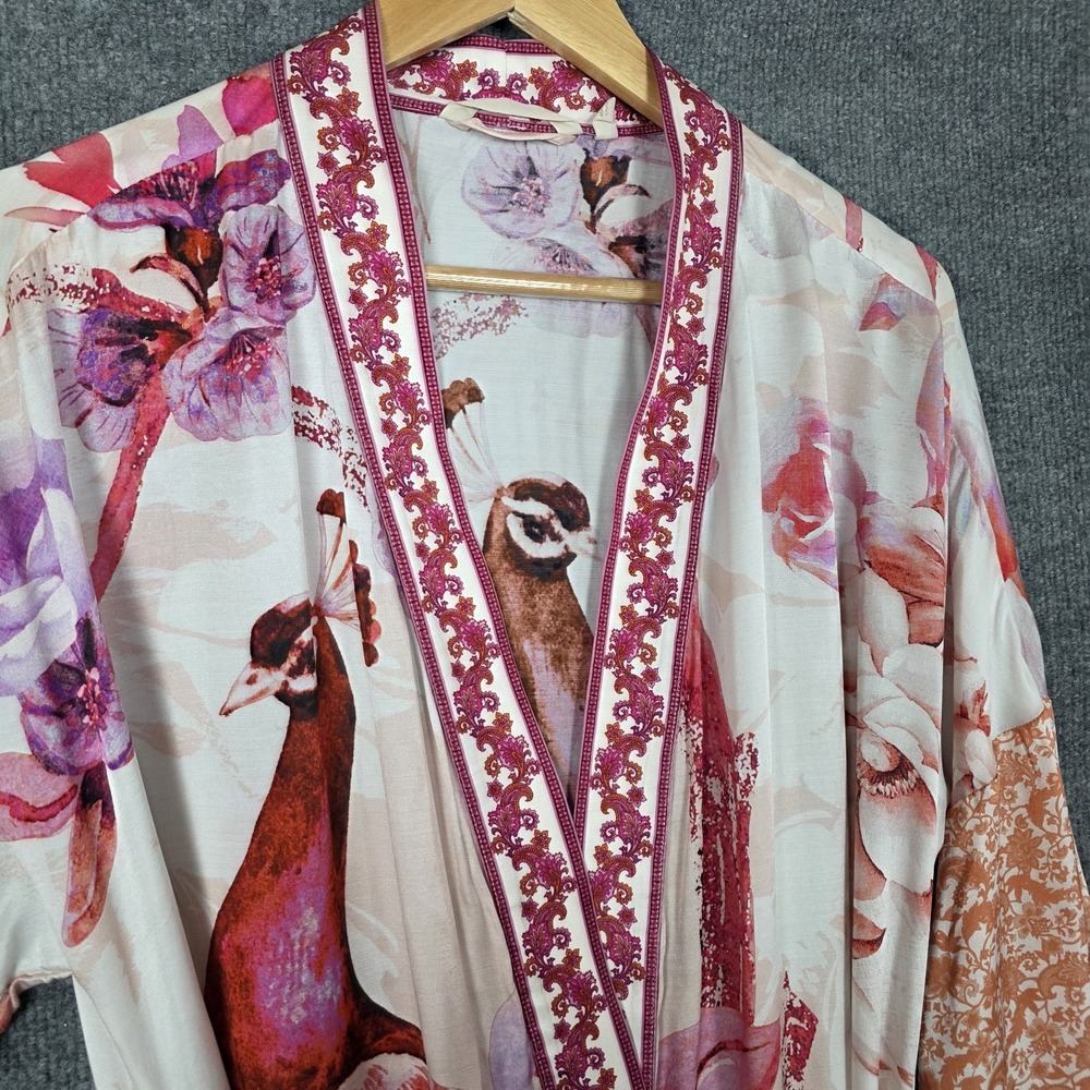 SOMA Silk Blend Kimono Robe Peacock Luxury Lounge Duster Maxi Floral Ivory Red - Picture 4 of 12